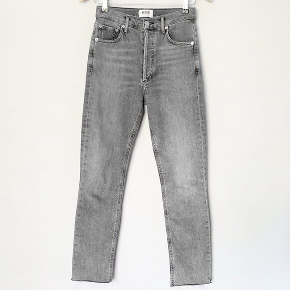 AGOLDE‎ Nico High Waist Rise Slim Jeans Risk Grey Stone Wash 25 Raw Hem $198 - Picture 3 of 16